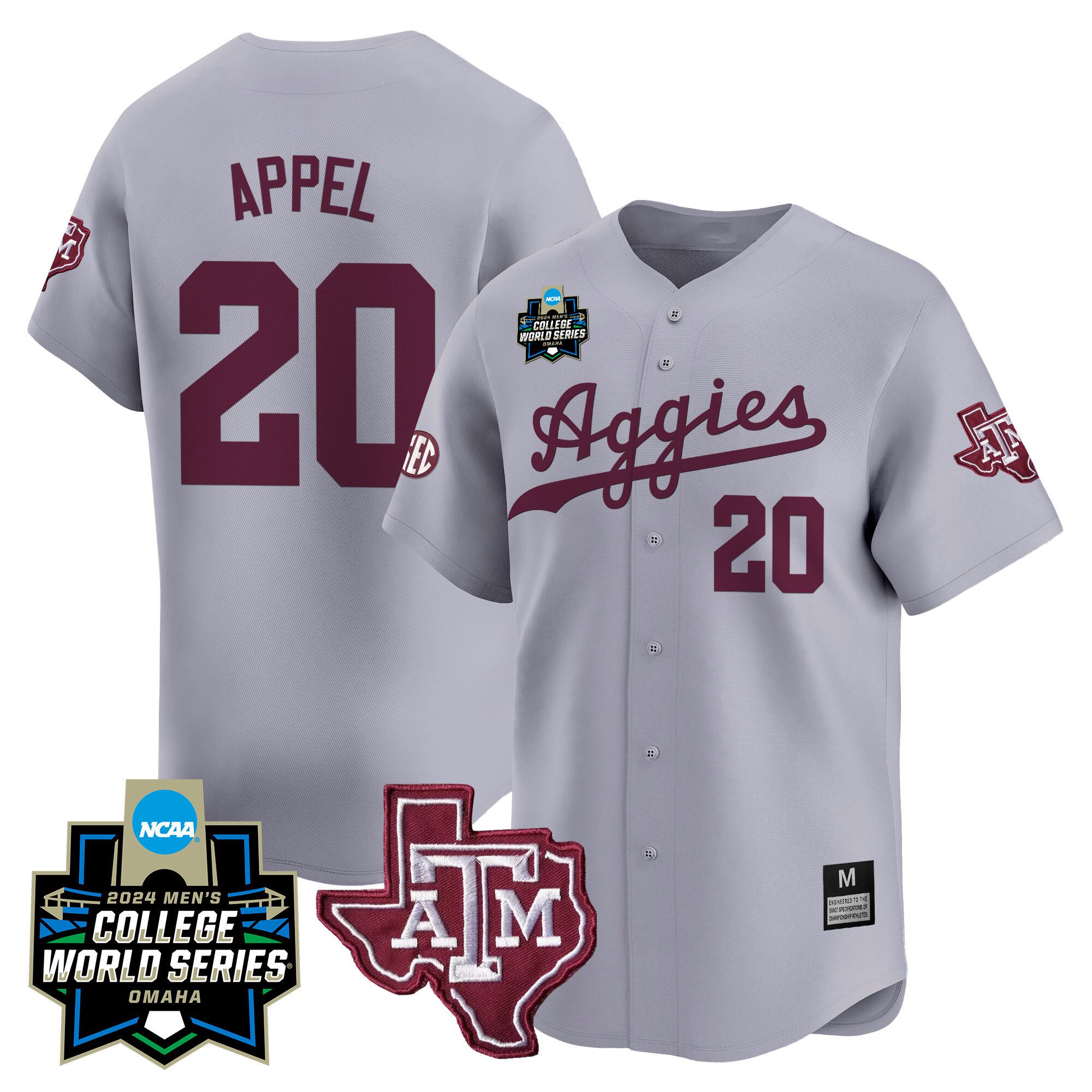 Men Texas A&M Aggies 20 Appel Grey 2024 College World Series Vapor Premier Limited NCAA Jersey